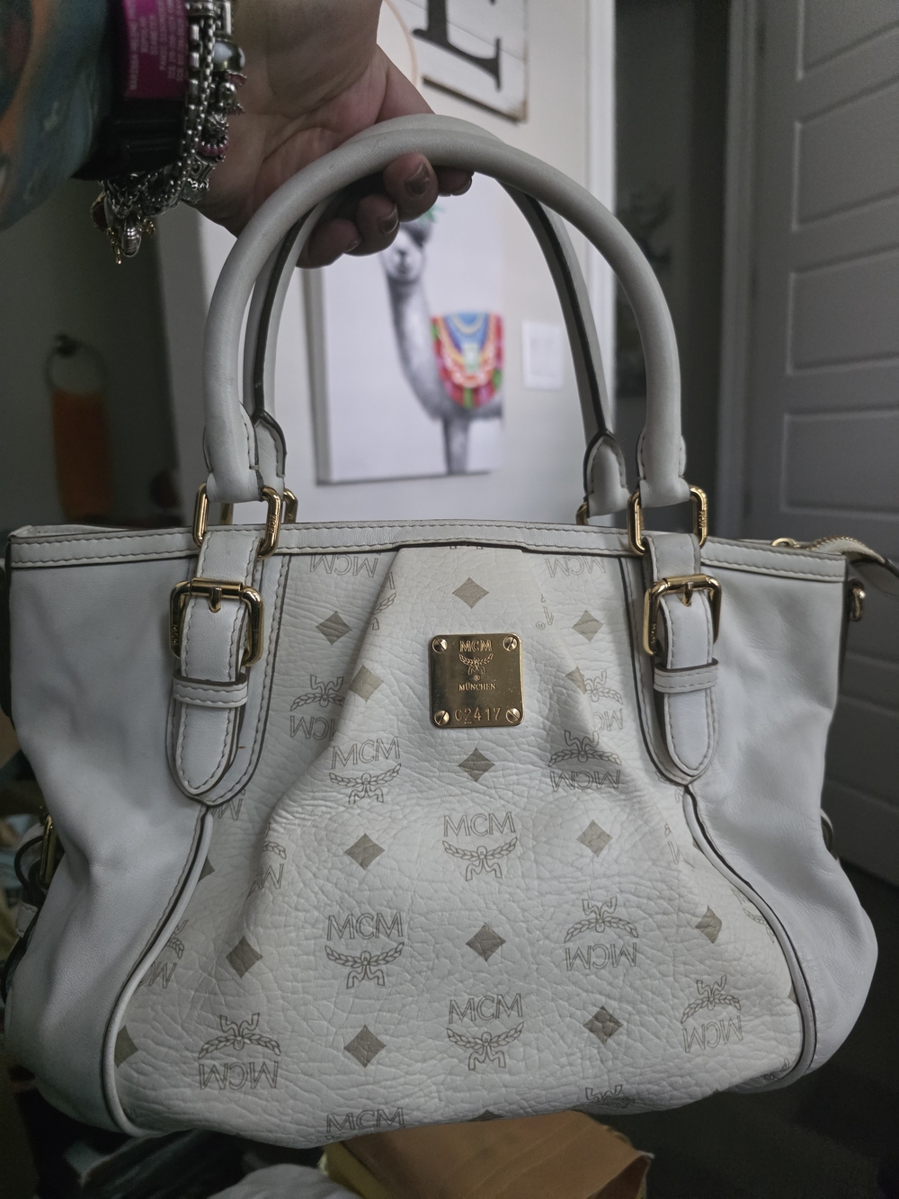 MCM White Leather Tote Bag with Gold Hardware